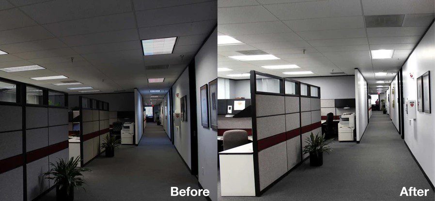 Hisco Office LED Lighting upgrade before and after