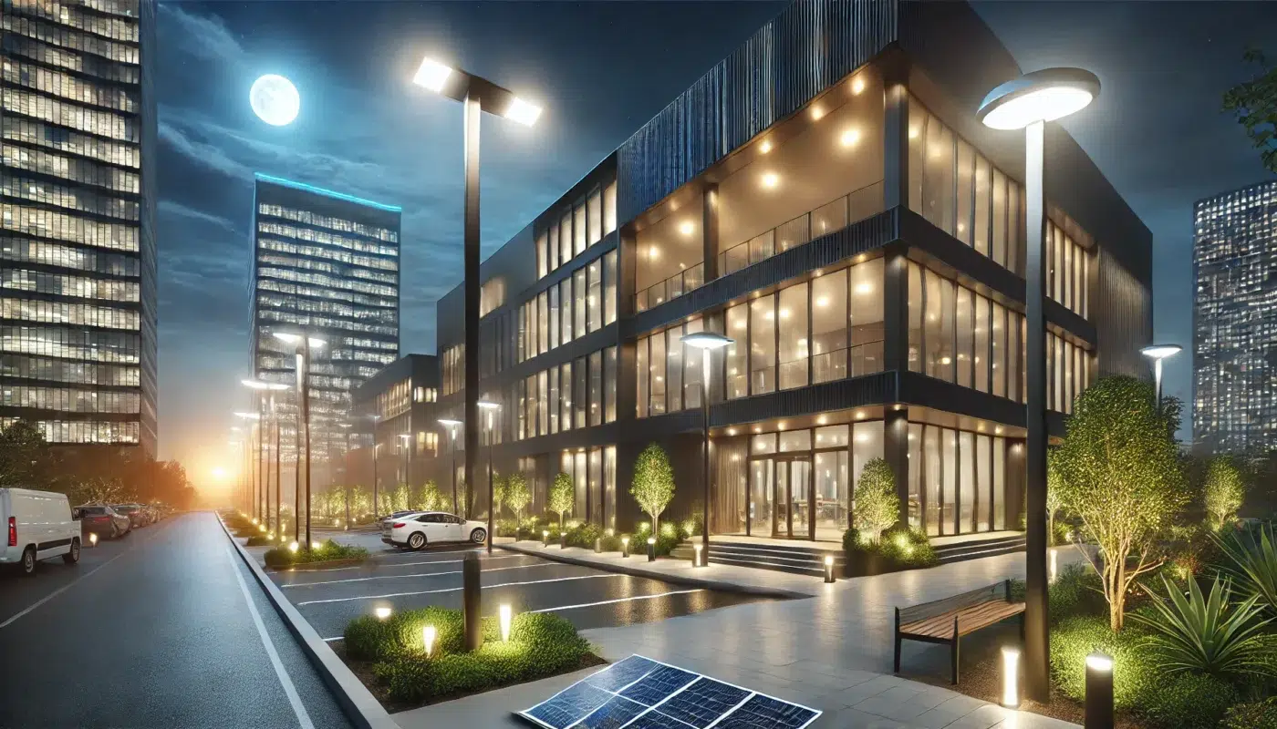 Parking Lot Lighting Patrol & Outdoor Lighting Maintenance Subscription 1 A commercial outdoor space illuminated by LED lights at dusk, showcasing various applications such as parking lot lighting, building exterior lighting, and pathway lighting with modern and sleek fixtures.