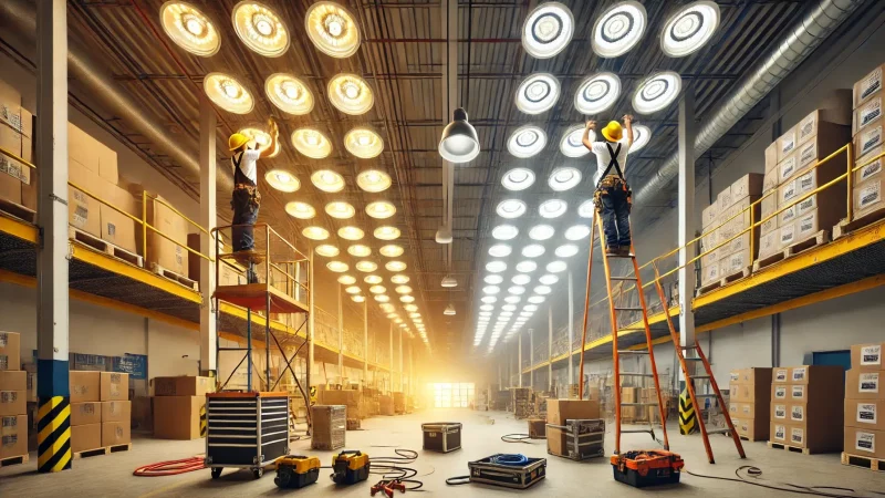 A wide image showcasing the retrofitting of commercial lighting in a large office or warehouse setting. The workers are installing modern LED lighting