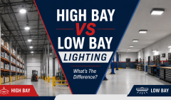 High bay vs low bay lighting comparison showing a tall warehouse with high bay LED fixtures and a lower-ceiling workshop with low bay lights.