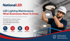 LED lighting maintenance technician inspecting a commercial LED fixture in a warehouse for business lighting upkeep.